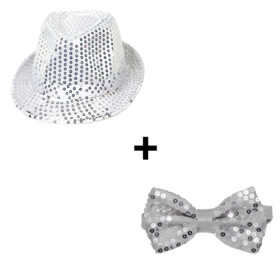 Fedora feesthoedje + glitter strik zilver