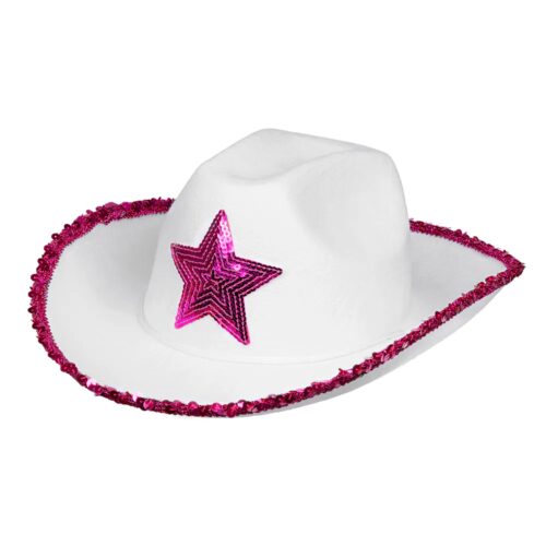 Cowboyhoed pailletten met ster wit/roze