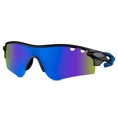 Matzwarte sport zonnebril met semi randloos montuur en blauwe pootjes - Blauw glas