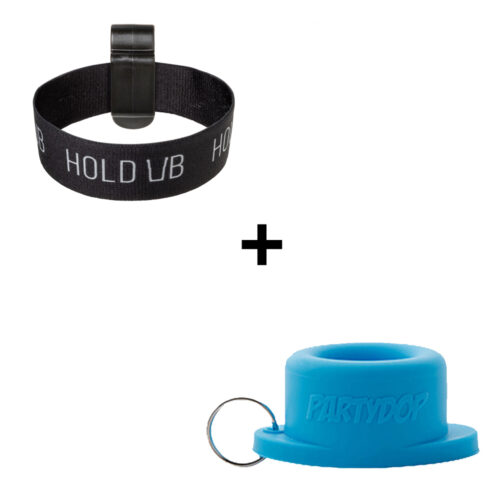 Hold Ub elastische bekerhouder zwart + Universele Partydop blauw