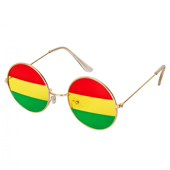 Hippie ronde partybril met rood/geel/groene spiegellenzen