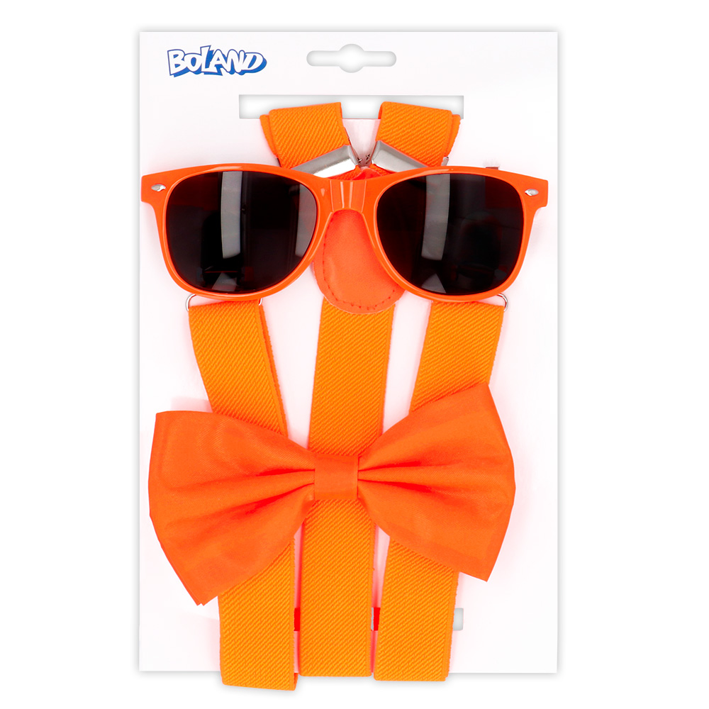 Accessoire set - UV Blacklight partybril, vlinderstrik en bretels - Neon oranje - Afbeelding 2