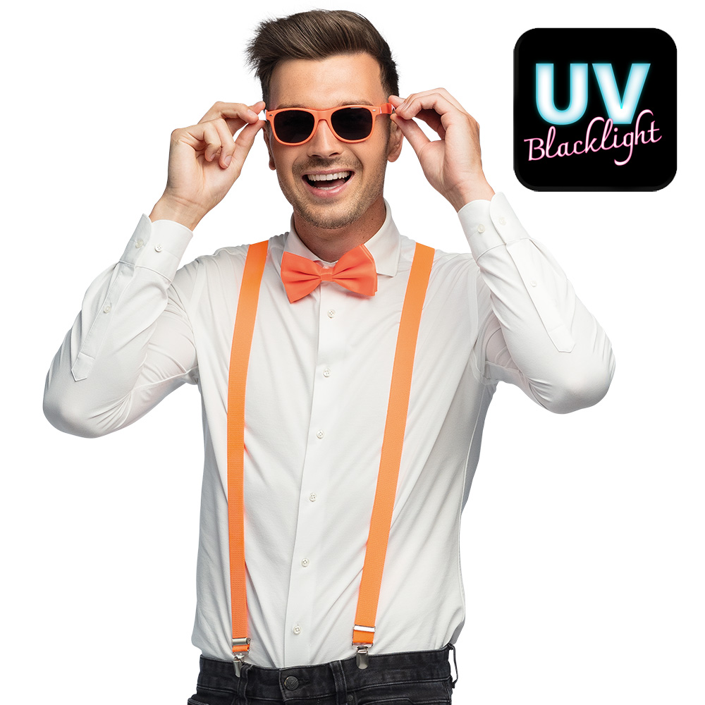 Accessoire set - UV Blacklight partybril, vlinderstrik en bretels - Neon oranje