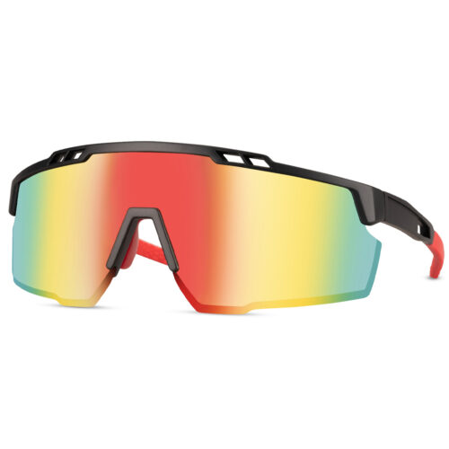 Zwarte sport zonnebril met glanzend semi randloos montuur en rode pootjes - Multicolor glas