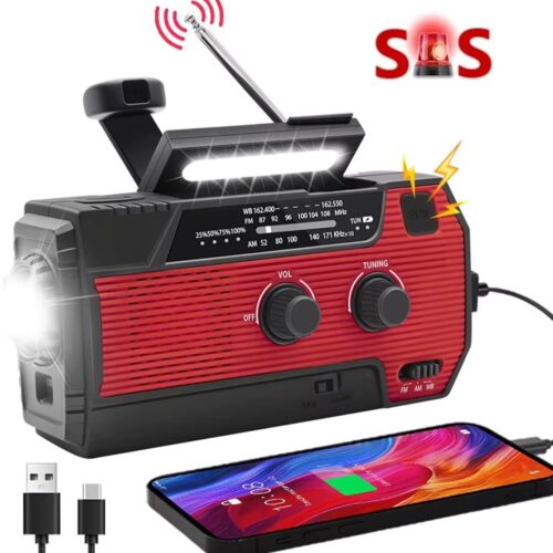 Solar Noodradio met Powerbank 4000mAh – Handslinger, Zonnepaneel, AM/FM Radio, Zaklamp, SOS Alarm en USB-C