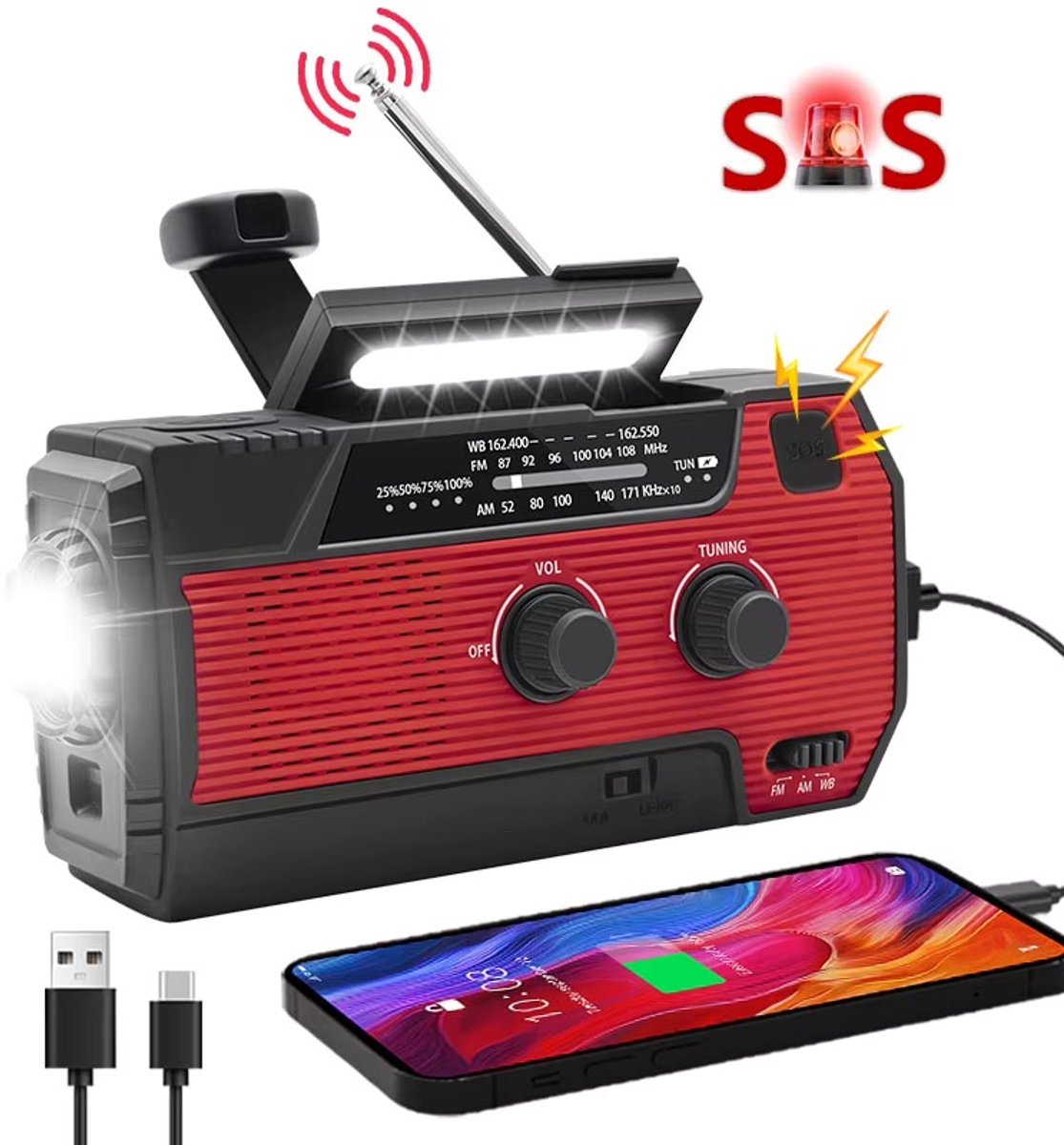 Solar Noodradio met Powerbank 4000mAh – Handslinger, Zonnepaneel, AM/FM Radio, Zaklamp, SOS Alarm en USB-C