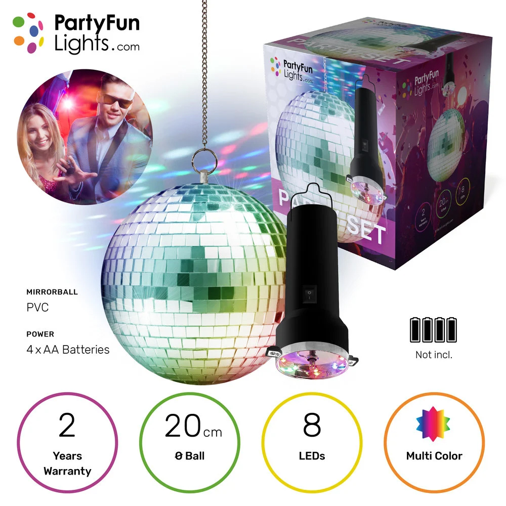 Roterende spiegelbol - Discolamp - 20 cm - Party set - 8 LED - Afbeelding 4