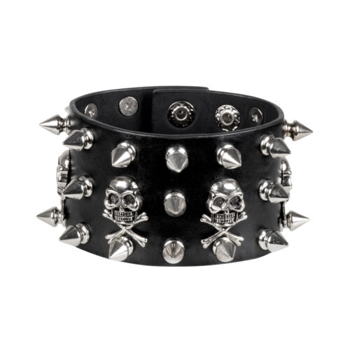 Biker armband met spikes en doodskoppen - Lederlook - Zwart/zilver