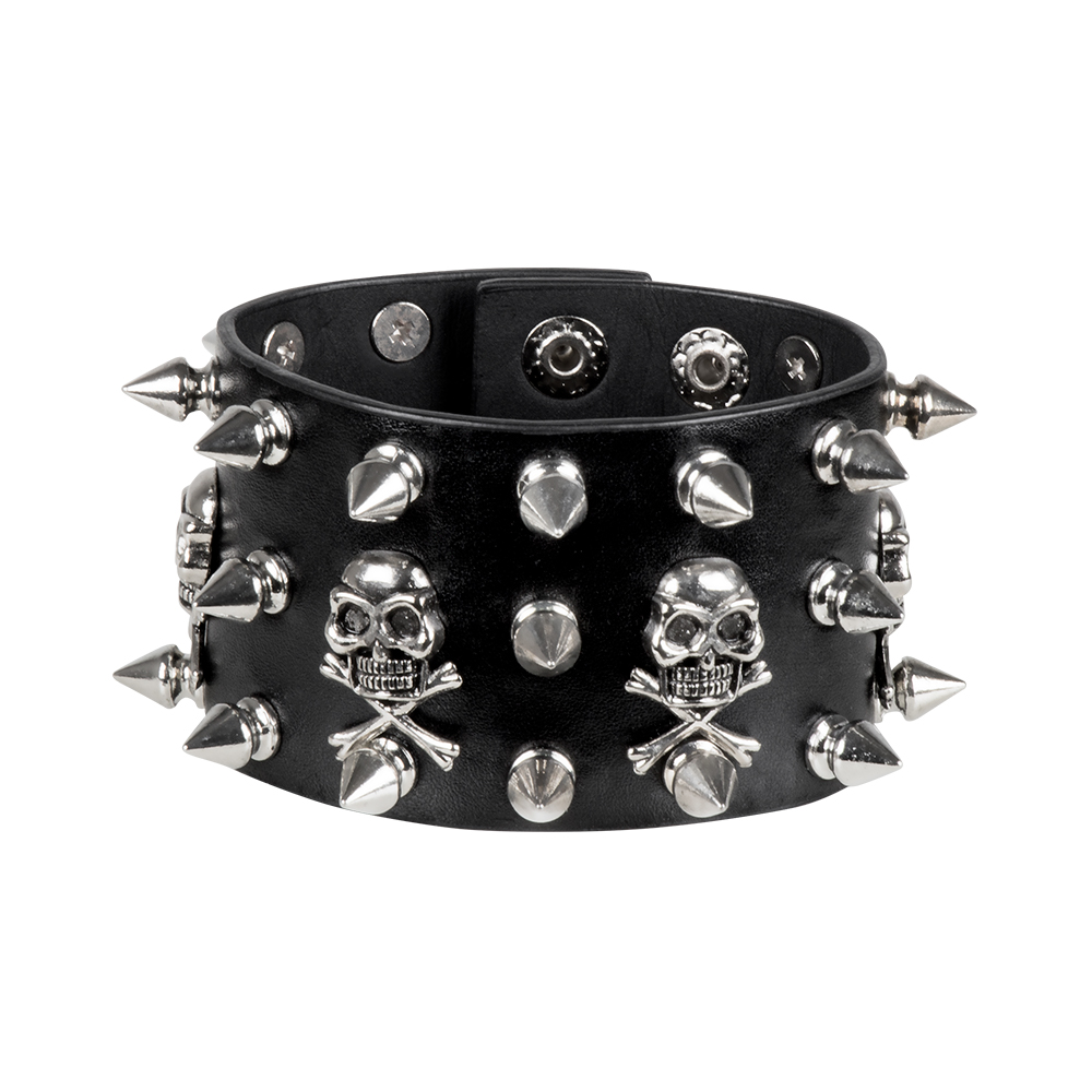 Biker armband met spikes en doodskoppen - Lederlook - Zwart/zilver