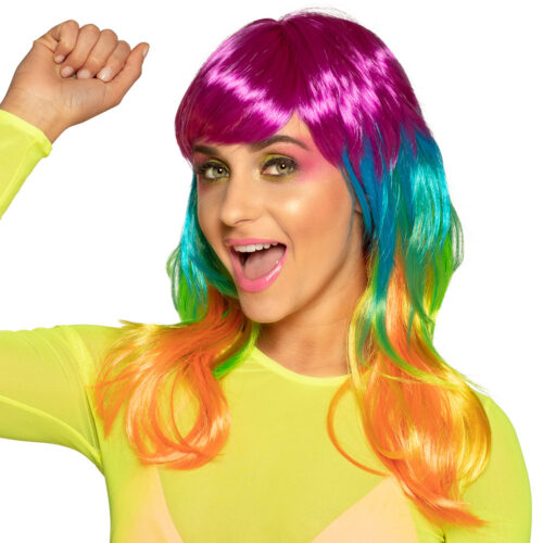 Regenboog pruik halflang - Met pony - Multicolor