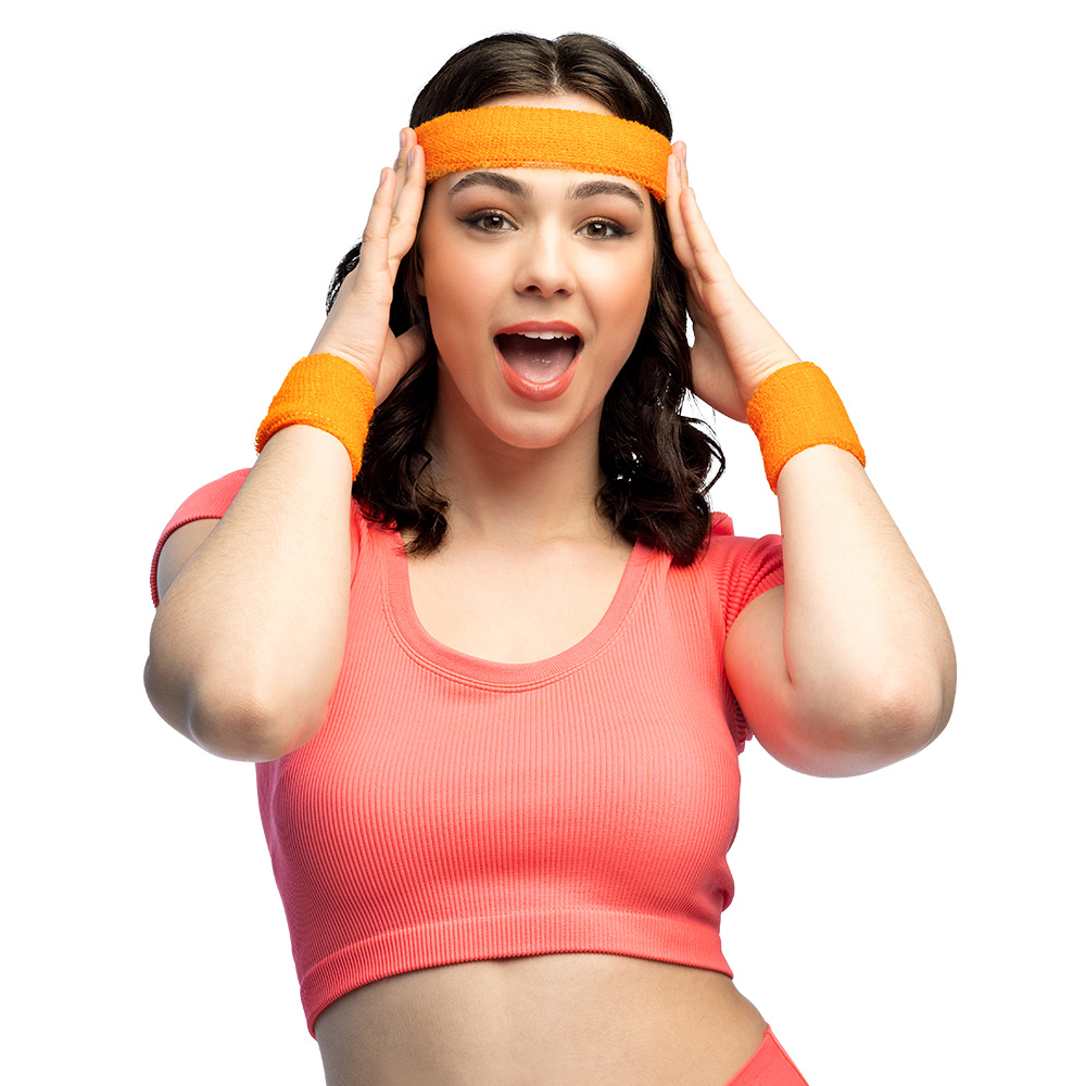 Zweetband set - Hoofdband en 2 polsbandjes - Neon oranje - Afbeelding 4