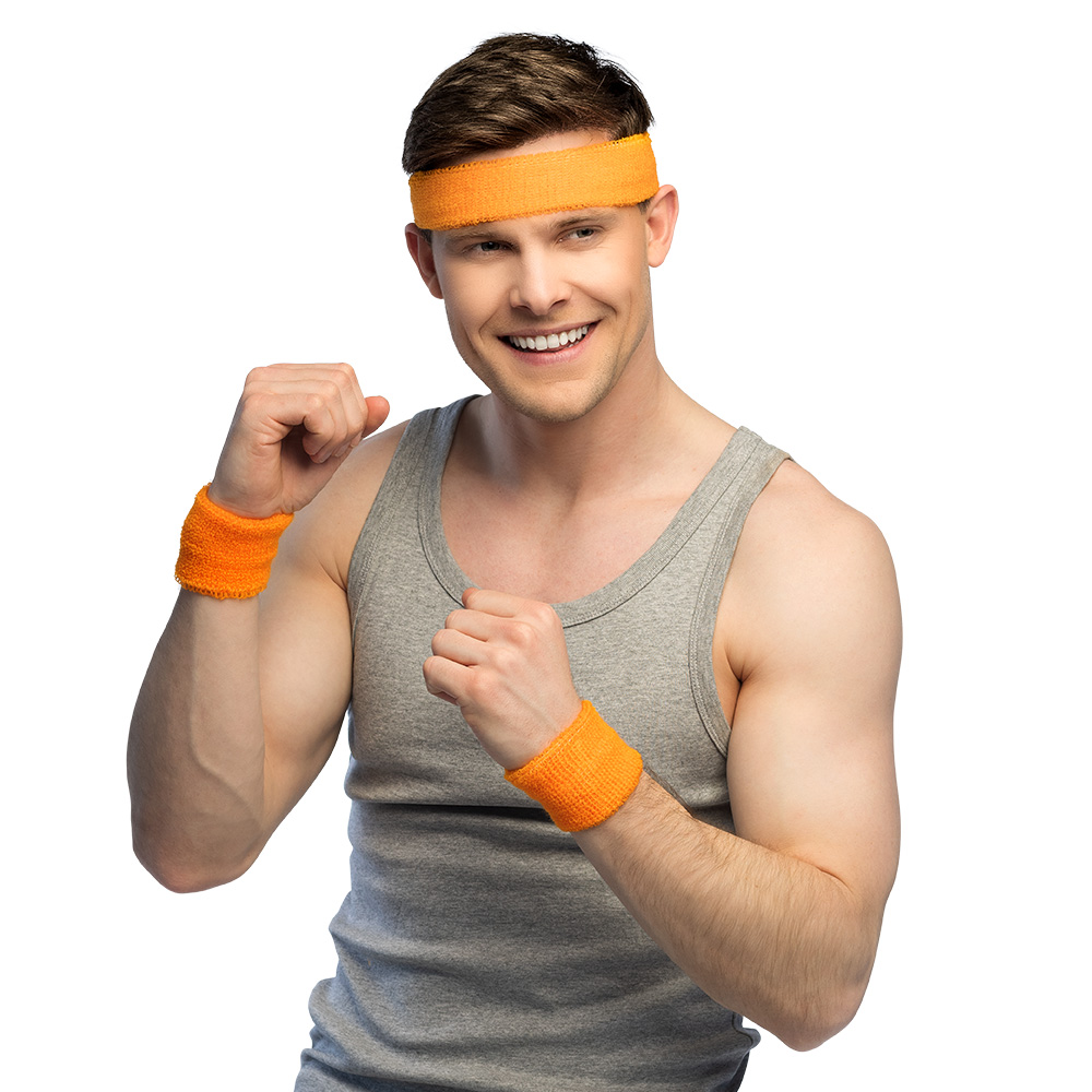 Zweetband set - Hoofdband en 2 polsbandjes - Neon oranje - Afbeelding 5