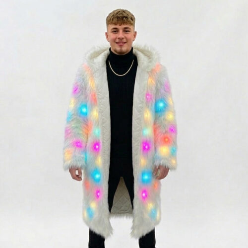 Ravelife - Lichtgevende LED Bontjas – Met Afstandsbediening - Lang model - Wit - One size