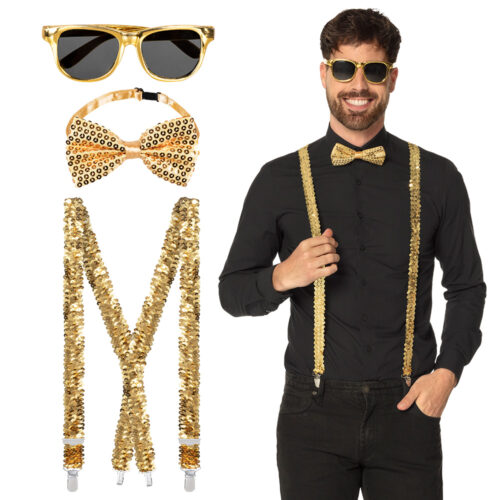 Accessoire set - Partybril, vlinderstrik en bretels - Goud - 3-delig