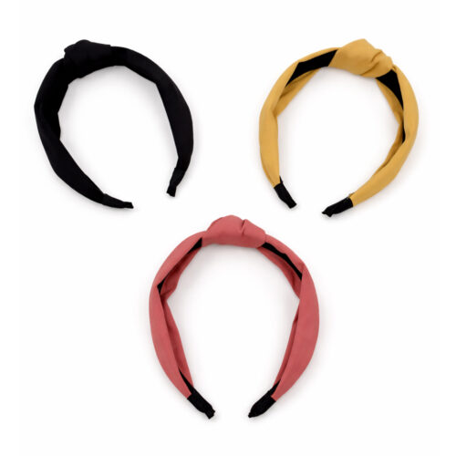 Haarbanden met knoop - Stoffen dames diadeem - Zwart, Roze, Oaker - Set 3 stuks