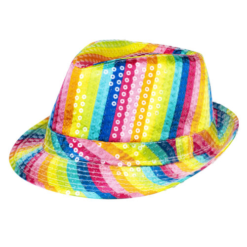 Fedora feesthoedje met pailletten - Regenboog - 59 cm