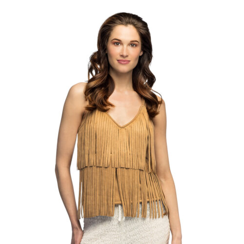 Franje top bruin - Festivaltopje suède met V-hals - Maat M/L