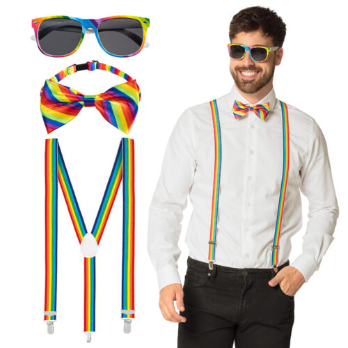 Accessoire set - Partybril, vlinderstrik en bretels - Regenboog - 3-delig