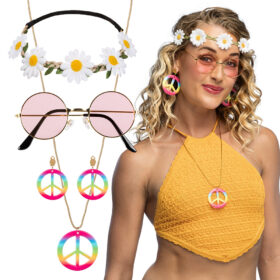 Accessoire set - Hippie - Hoofdband, partybril, oorbellen en ketting - 4-delig