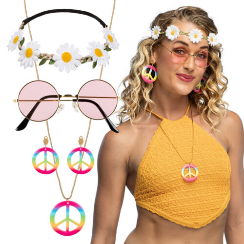 Accessoire set - Hippie - Hoofdband, partybril, oorbellen en ketting - 4-delig