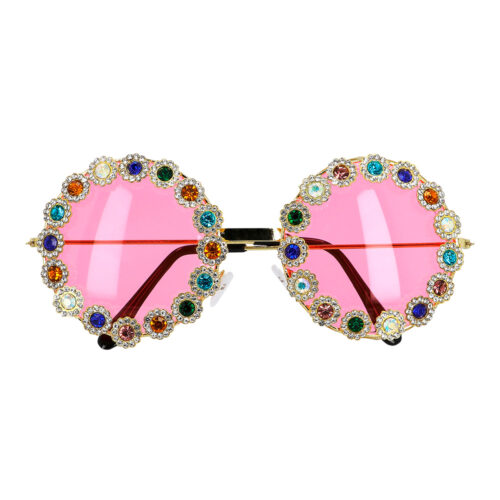 Partybril met diamantjes - Ronde bril met roze glazen