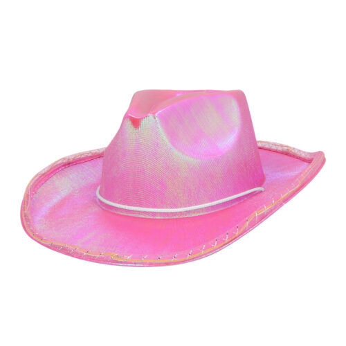 Cowboyhoed roze met witte LED verlichting - Holografisch - 58 cm