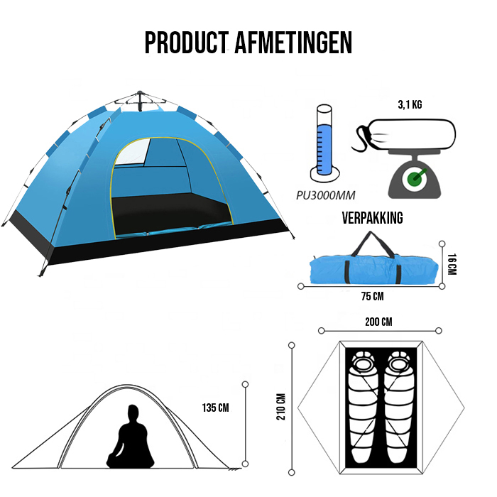 Campfest 2-3 persoons easy set up tent - Blauw - Afbeelding 4
