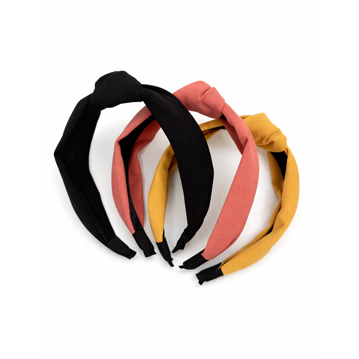 Haarbanden met knoop - Stoffen dames diadeem - Zwart, Roze, Oaker - Set 3 stuks - Afbeelding 2