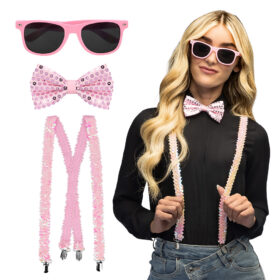 Accessoire set - Partybril, vlinderstrik en bretels - Roze - 3-delig