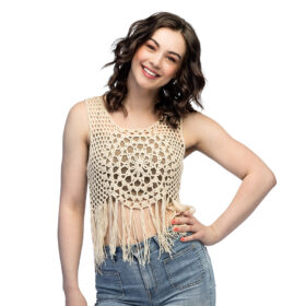 Gehaakte top - Festivaltopje met franjes - Beige - Maat M