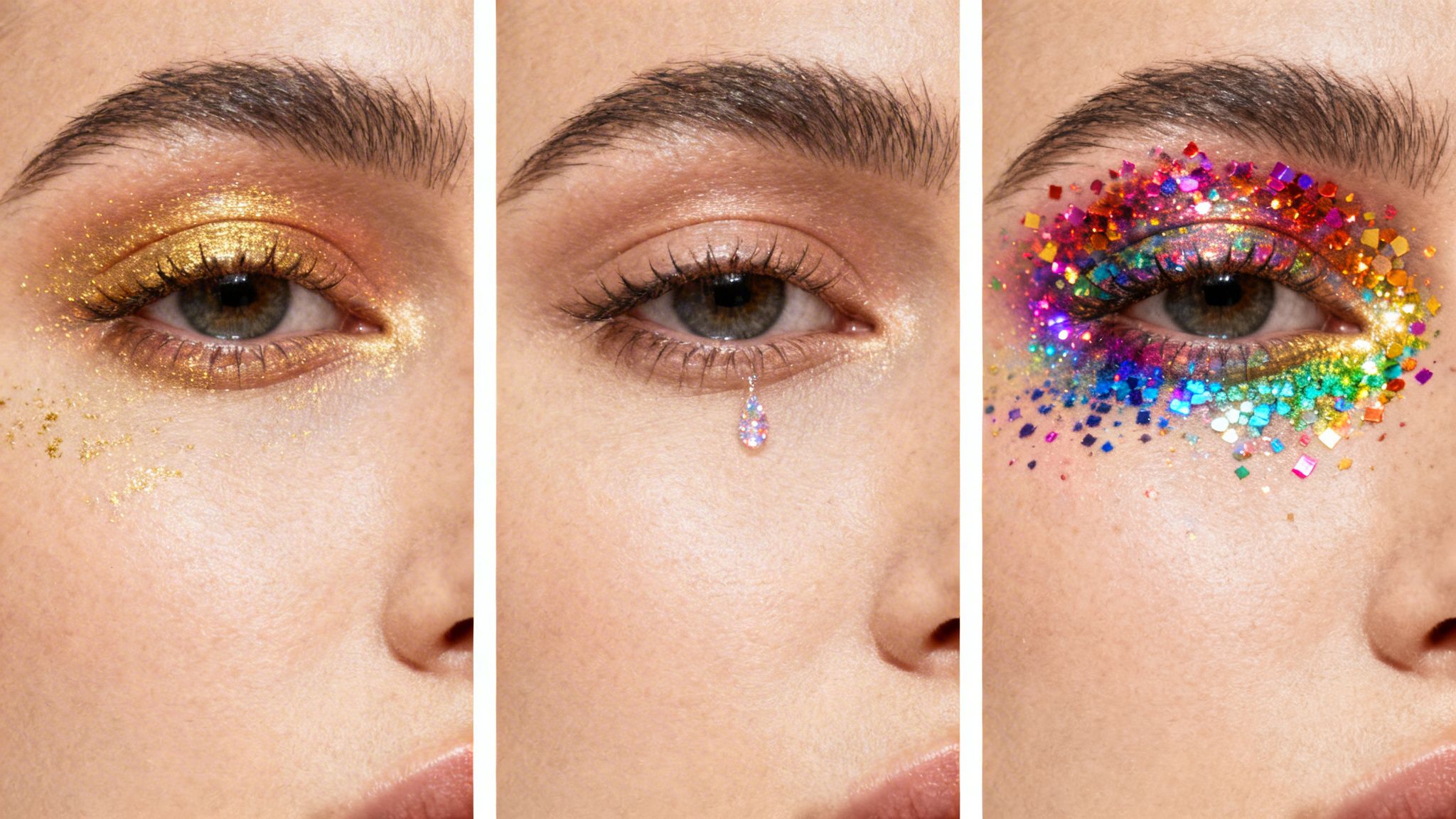 Drie close-ups van een oog met verschillende glitter make-up looks: goud, een glittertraan en regenboogglitters.