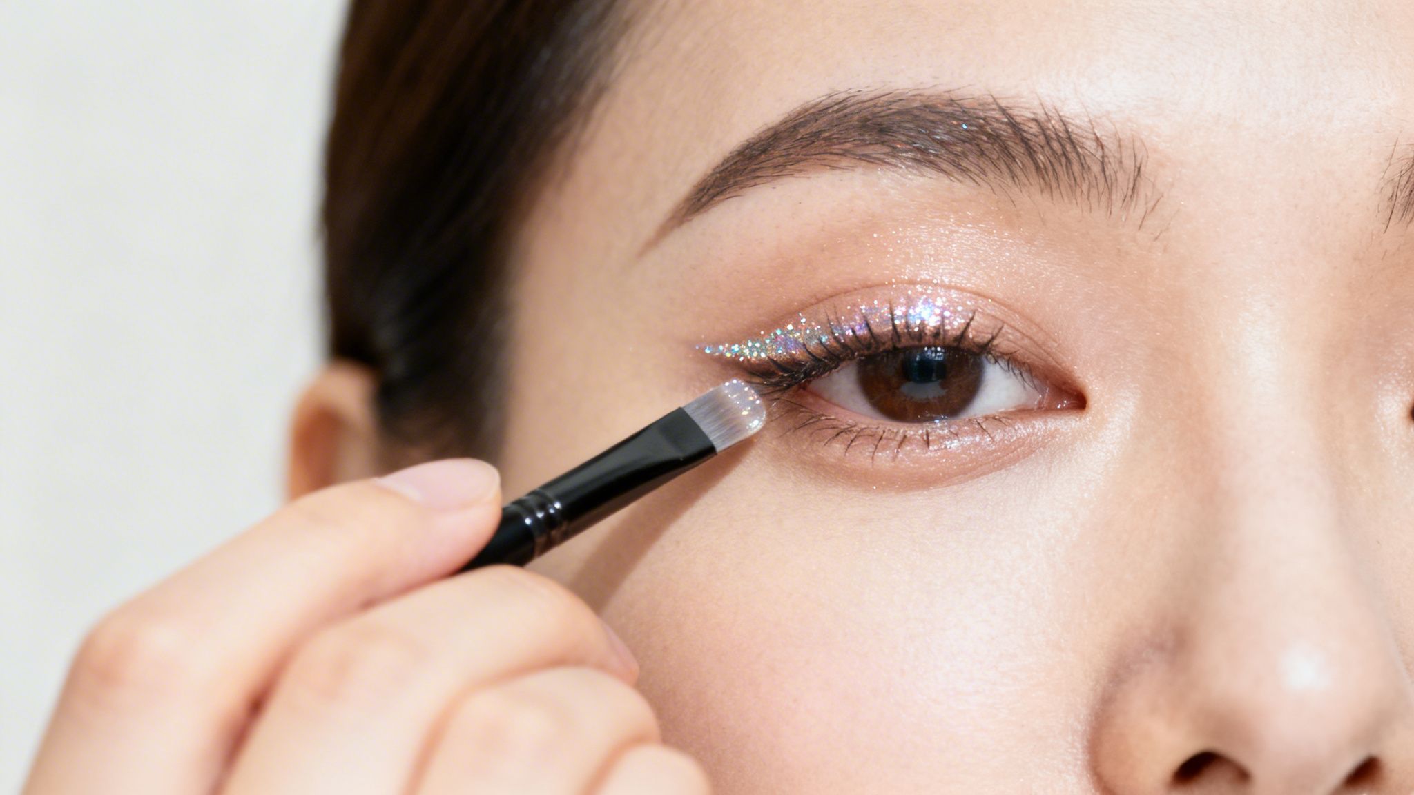 Close-up van een persoon die glitter eyeliner aanbrengt op het ooglid met een kwastje.