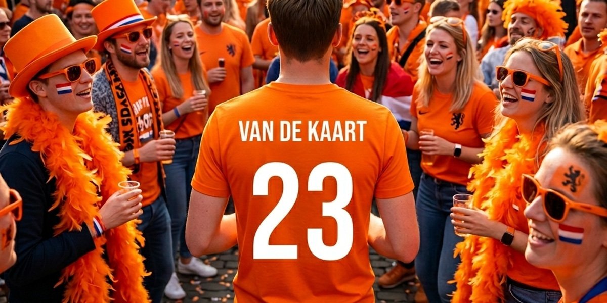 Mensen in oranje kleding vieren feest, sommigen met Nederlandse vlag op hun wang geschilderd.