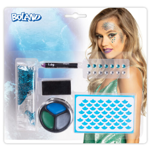 Schminkset zeemeermin - Glitter make-up kit met stencil en strass steentjes - Mermaid schmink - 6-delig