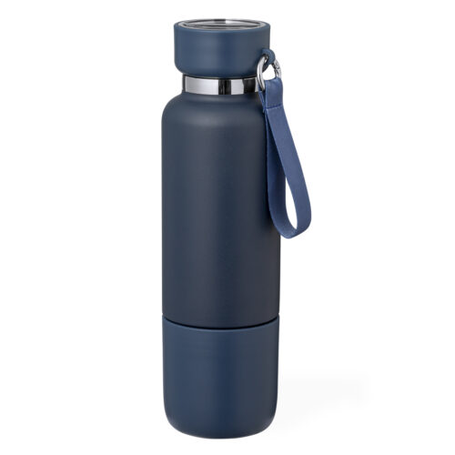 Thermosfles met drinkbeker - Inclusief draaglus en draagkoord met karabijnhaak - RVS - 500 ml - Donkerblauw