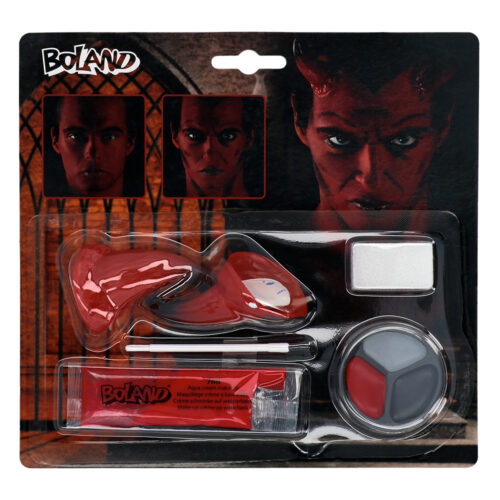 Schminkset duivel - Make-up kit met duivelhoorntjes, kwastje en spons - Gezichtsschmink - 5-delig