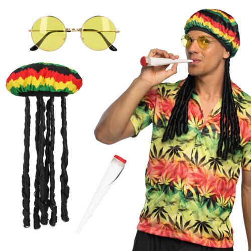 Accessoire set - Hippie - Rasta - Joint, partybril en muts - 3-delig