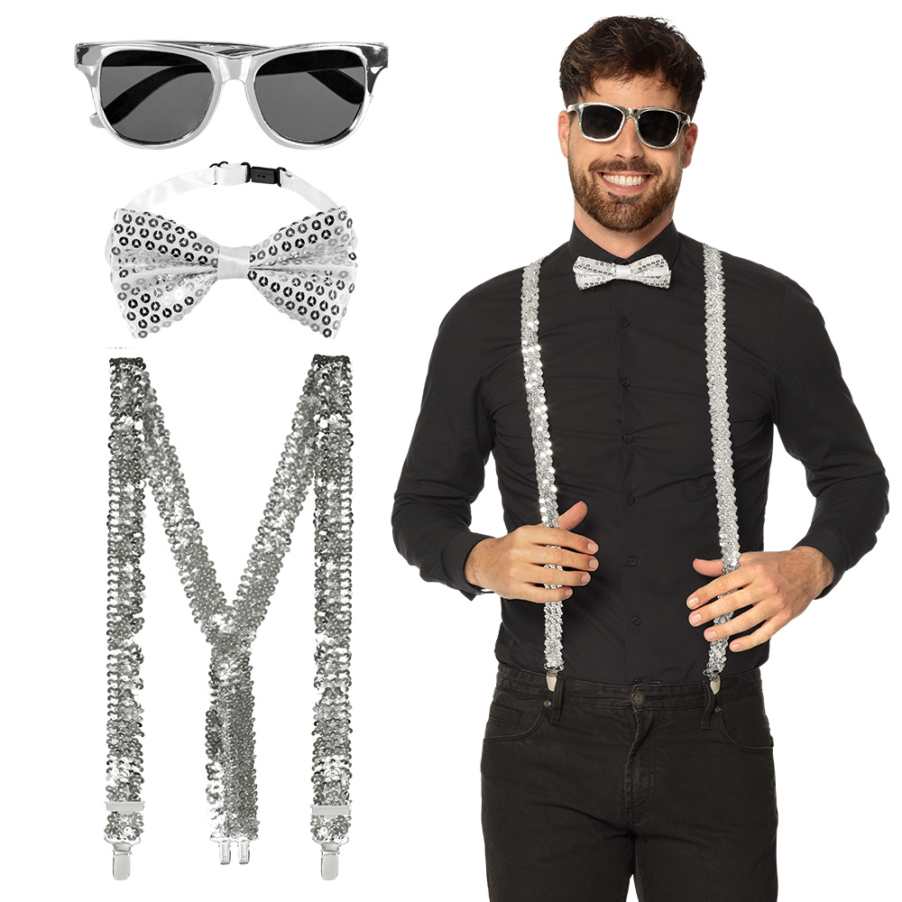 Accessoire set - Partybril, vlinderstrik en bretels - Zilver - 3-delig