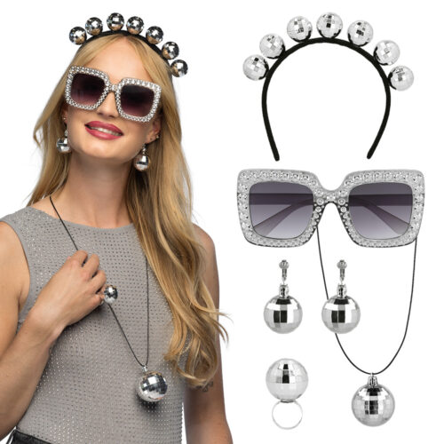 Accessoire set - Disco - Diadeem, partybril, ketting, oorbellen en ring - 5-delig - Zilver