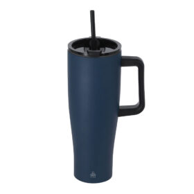 Thermosfles met rietje - Dubbelwandige drinkbeker met handgreep - Gerecycled RVS - 1,2 liter - Donkerblauw