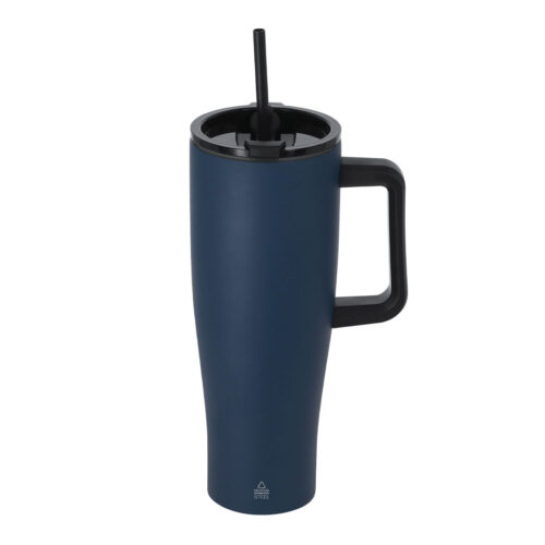 Thermosfles met rietje - Dubbelwandige drinkbeker met handgreep - Gerecycled RVS - 1,2 liter - Donkerblauw