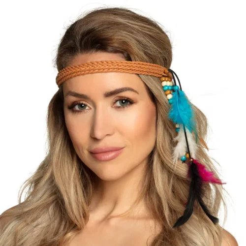 Hippie hoofdband - Gevlochten dreamcatcher haarband met veren - Roze/Blauw