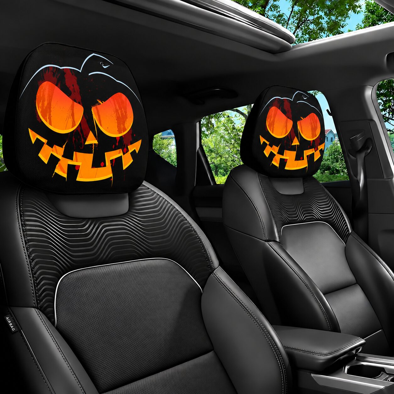 Halloween Auto Hoofdsteunhoezen – Pompoen gezicht – 2 stuks - Afbeelding 3