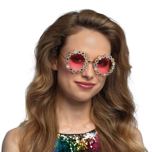 Partybril met diamantjes - Glitter - Met roze glazen