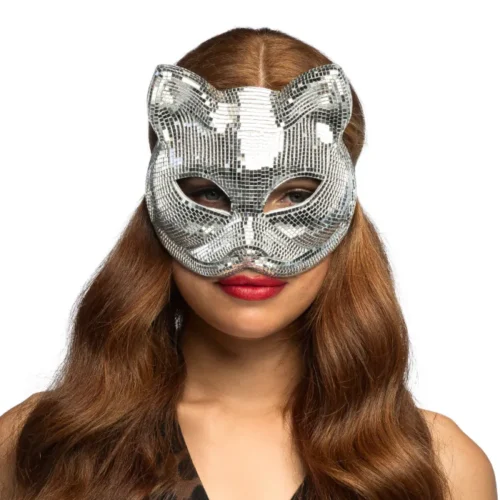 Kattenmasker disco - Dierenmasker met elastieken sluiting - Zilver