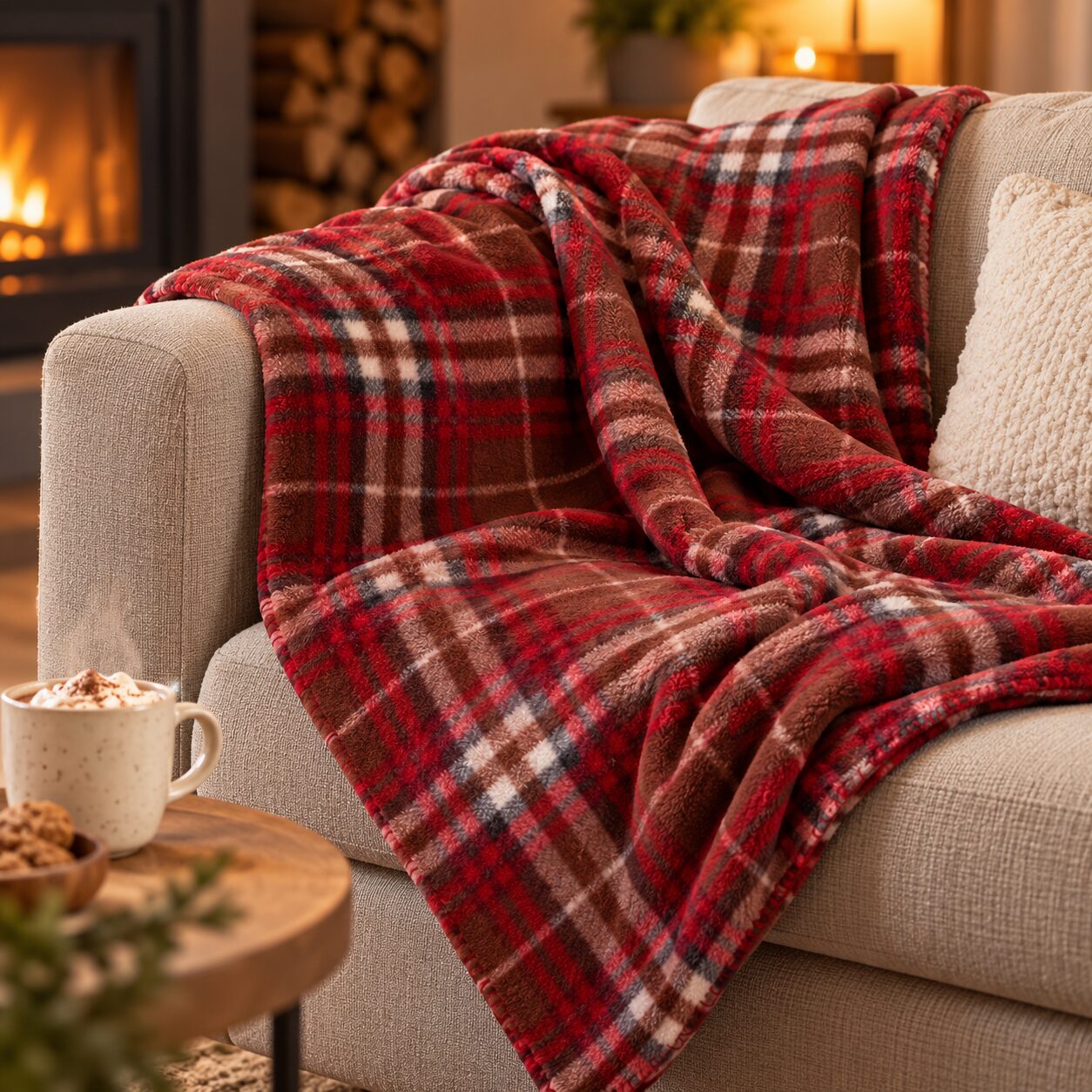 RPET fleece deken geruit met opbergzakje 150 x 120 cm rood - Afbeelding 7
